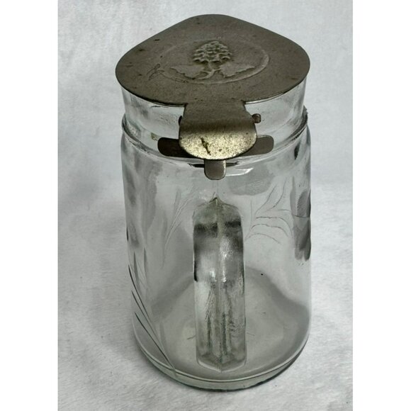 Vintage Vintage Embossed Glass Syrup Pitcher With Metal Lid Grapes Flowers - Picture 4 of 10